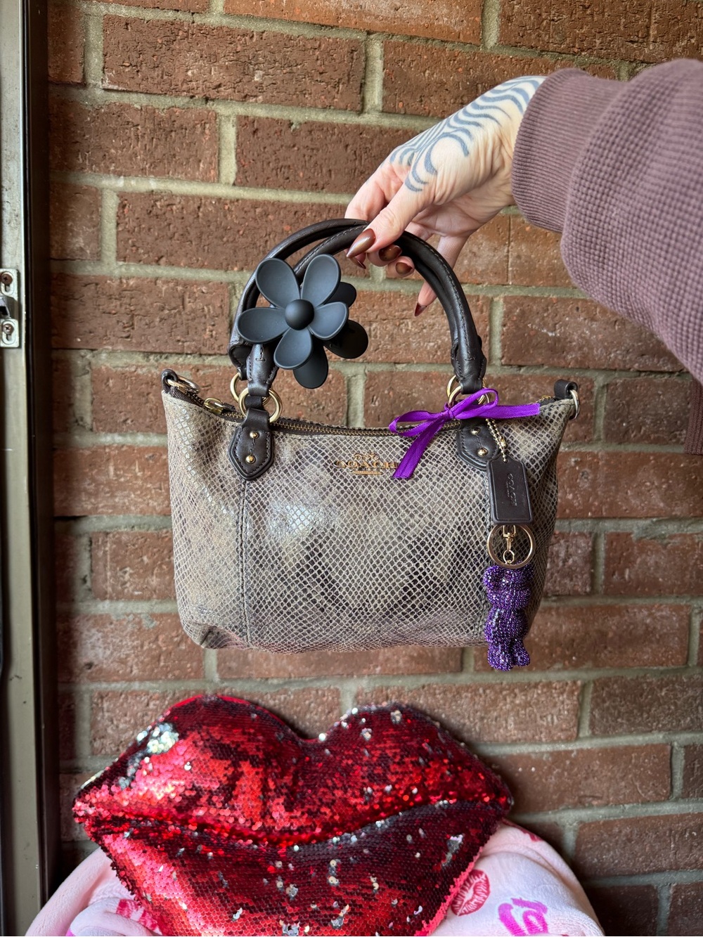 Coach Taupe Snake-Print Shoulder Bag with Dark Brown Handles and Purple Accents